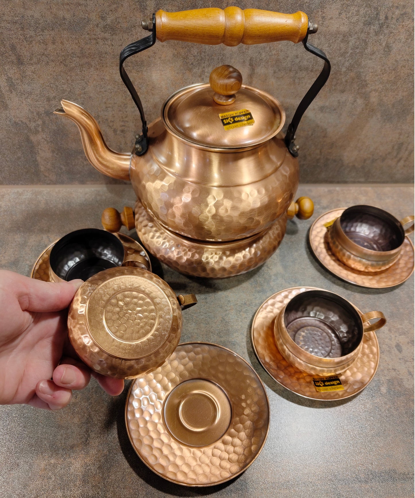 Vintage Kupferkannen-Set mit Stövchen, 4 Tassen & Untertassen – SKS Design VINTAGE
