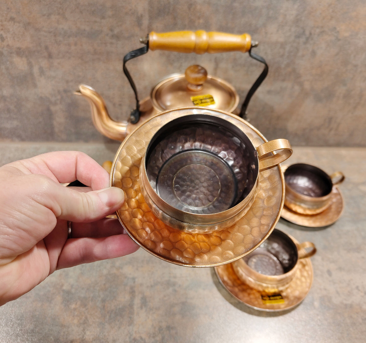 Vintage Kupferkannen-Set mit Stövchen, 4 Tassen & Untertassen – SKS Design VINTAGE