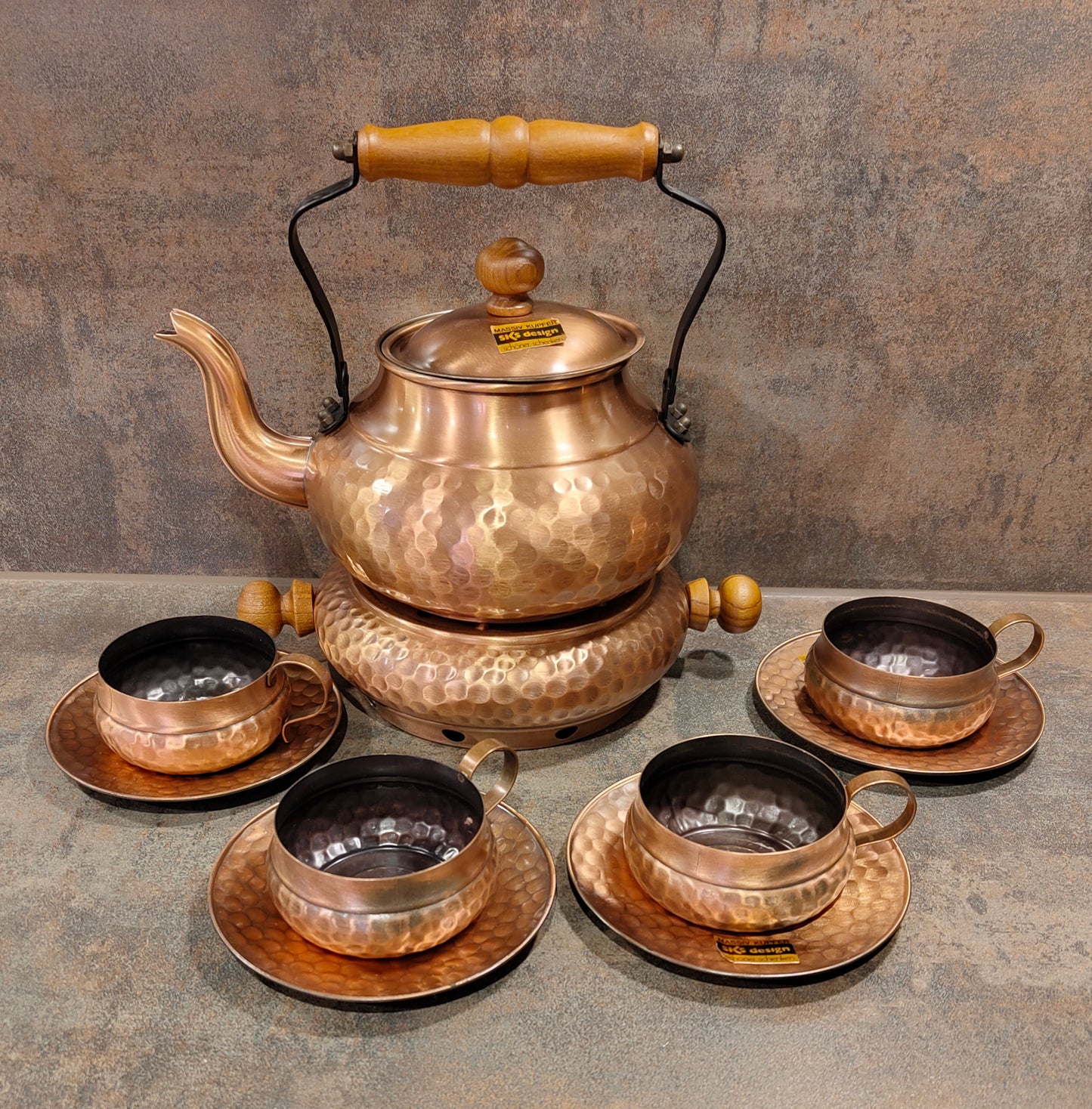 Vintage Kupferkannen-Set mit Stövchen, 4 Tassen & Untertassen – SKS Design VINTAGE