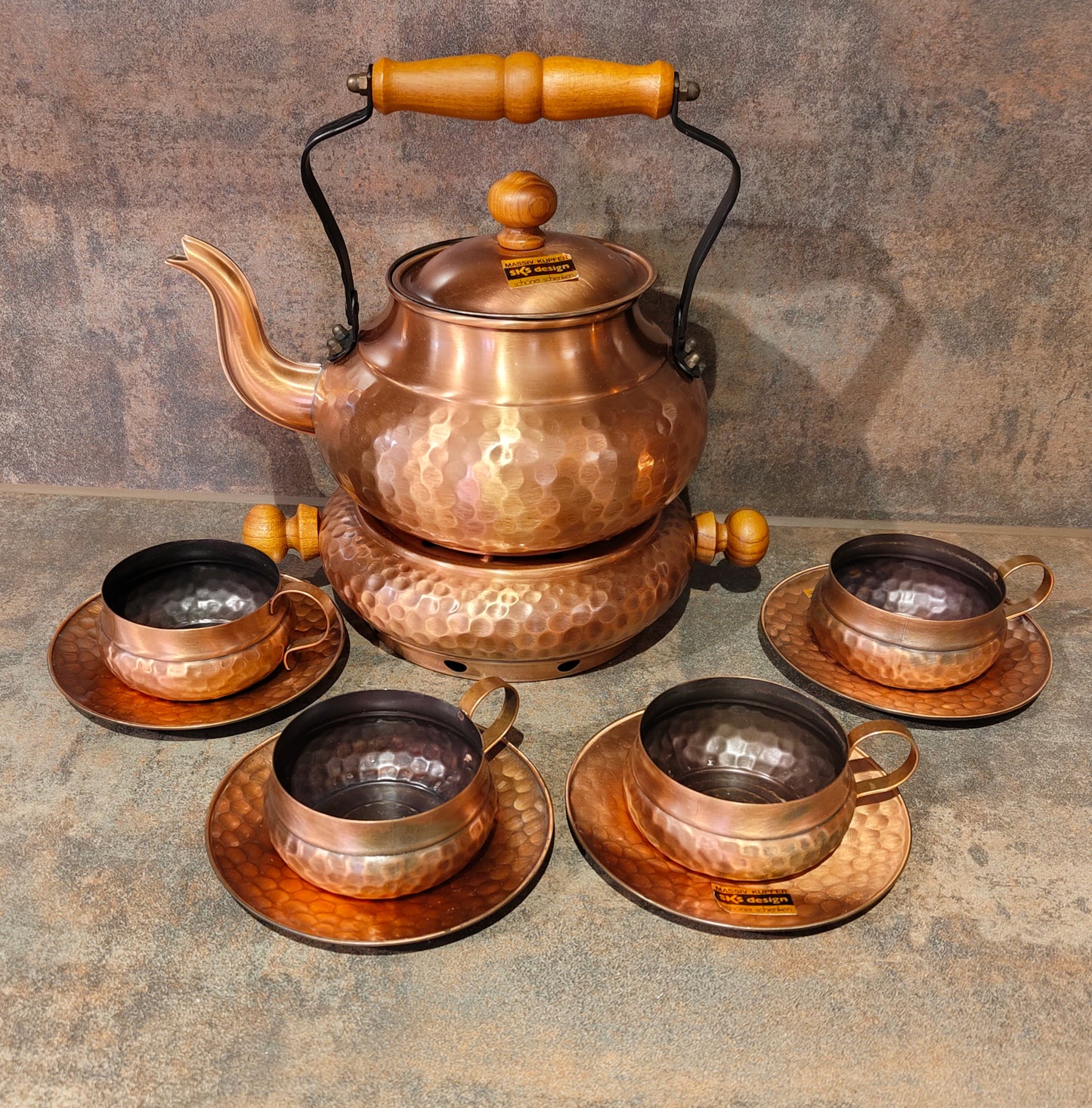 Vintage Kupferkannen-Set mit Stövchen, 4 Tassen & Untertassen – SKS Design VINTAGE
