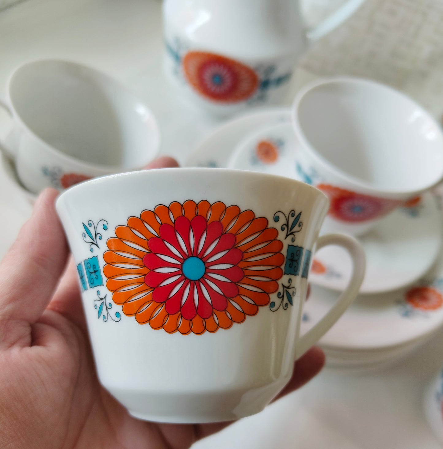 Kaffeegeschirr für 6 Personen von Seltmann Weiden – 70er Jahre Pril Blumen-Design VINTAGE