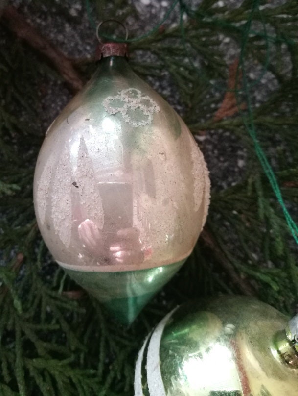 3er Weihnachtsschmuck Einstich Kugel Oval Grün VINTAGE SONDERPREIS #27