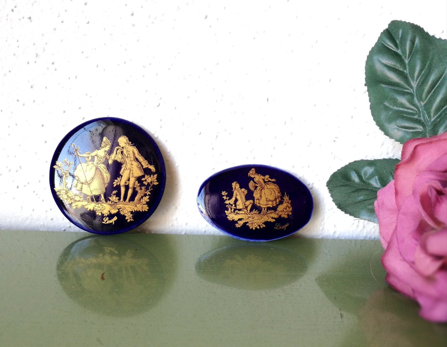 2er Set Limoges Porzellan Cabochon blau gold Vintage