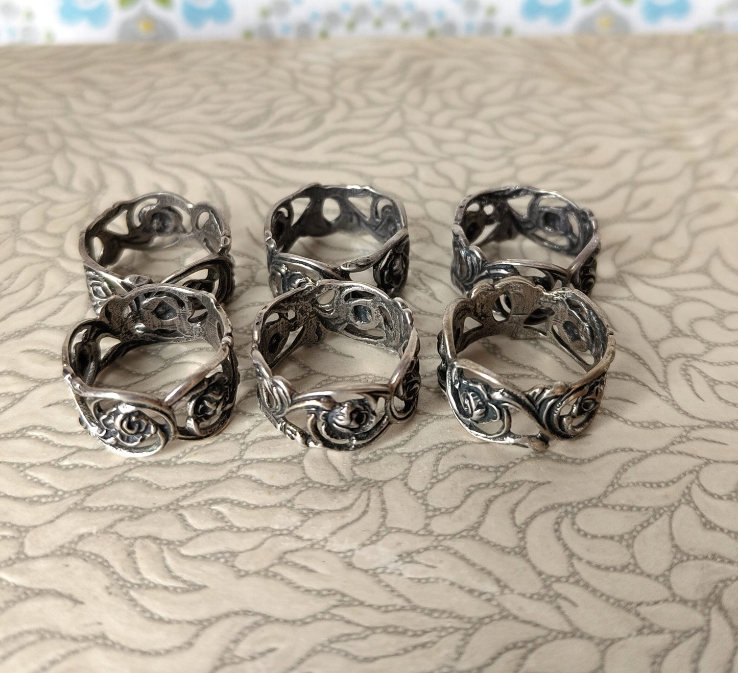 6 Serviettenringe Ringe 835 Silber Rose VINTAGE
