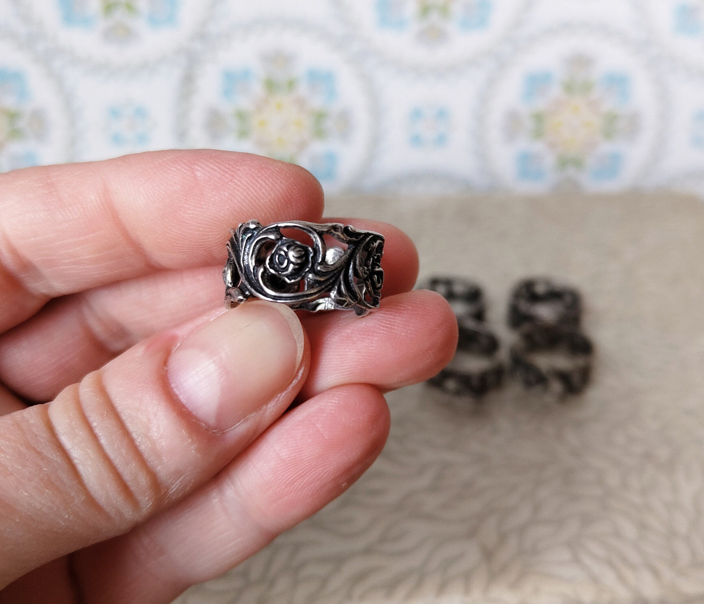 6 Serviettenringe Ringe 835 Silber Rose VINTAGE