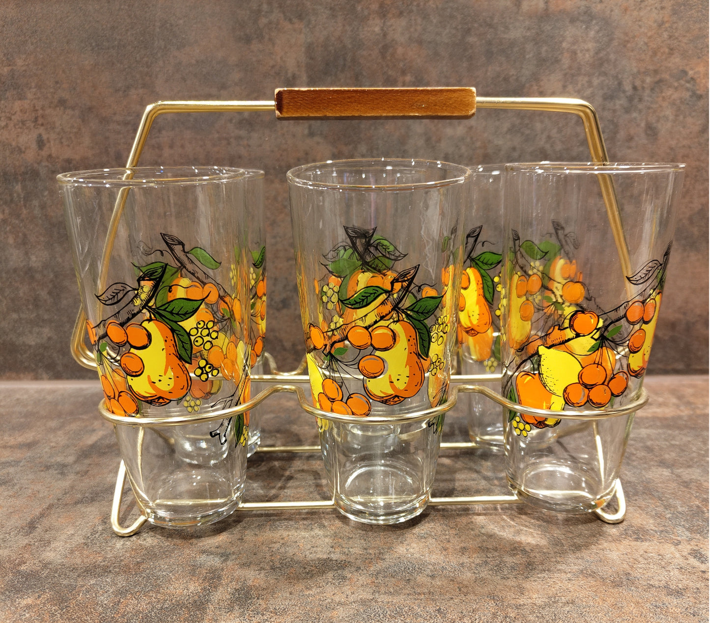 6 Vintage Trinkgläser mit Obst-Dekor – 1960er-Design im Metallgestell VINTAGE