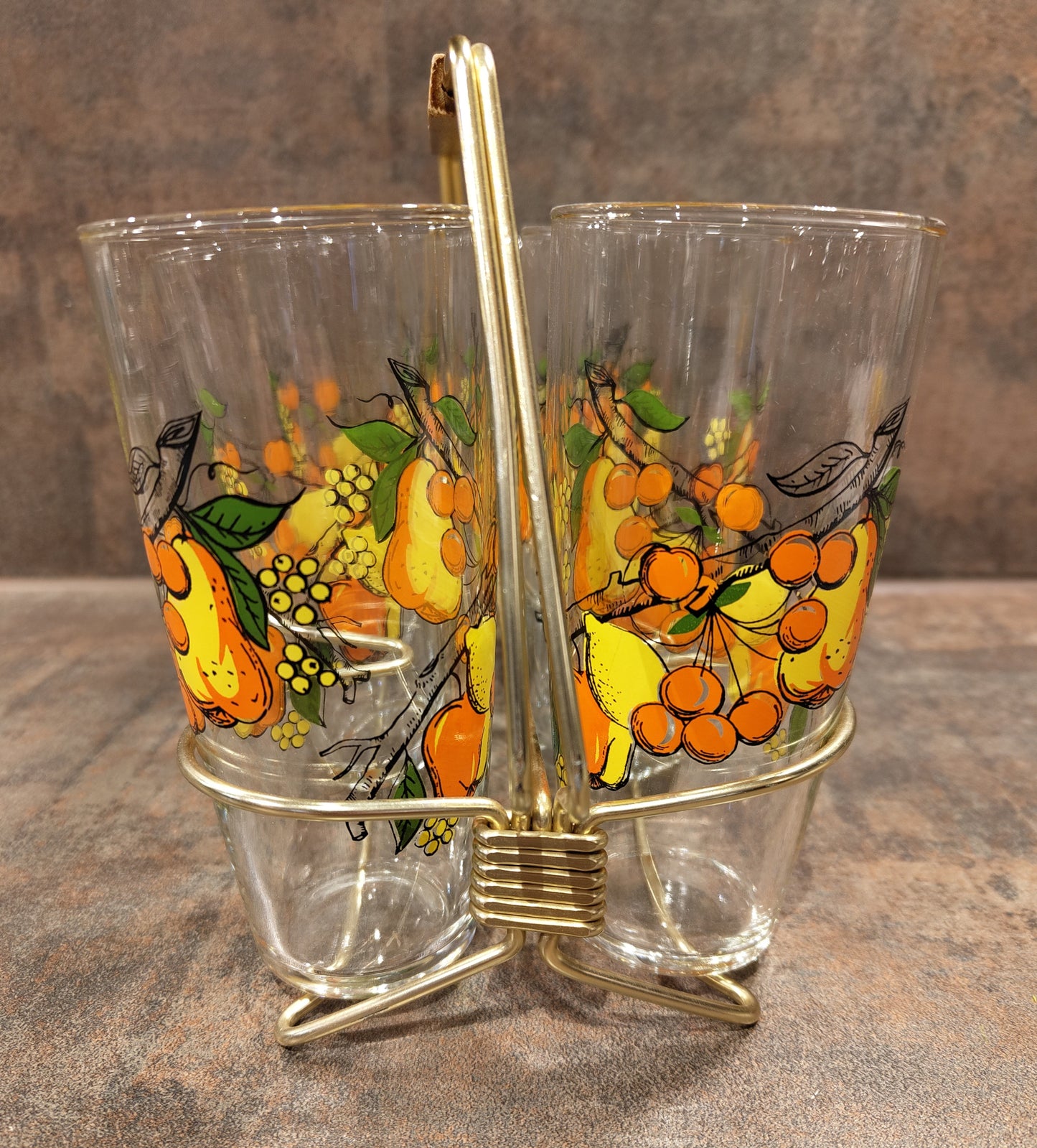 6 Vintage Trinkgläser mit Obst-Dekor – 1960er-Design im Metallgestell VINTAGE
