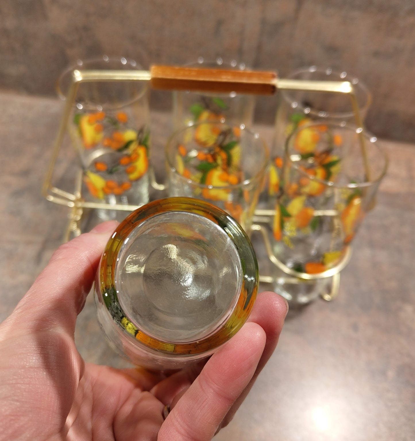 6 Vintage Trinkgläser mit Obst-Dekor – 1960er-Design im Metallgestell VINTAGE