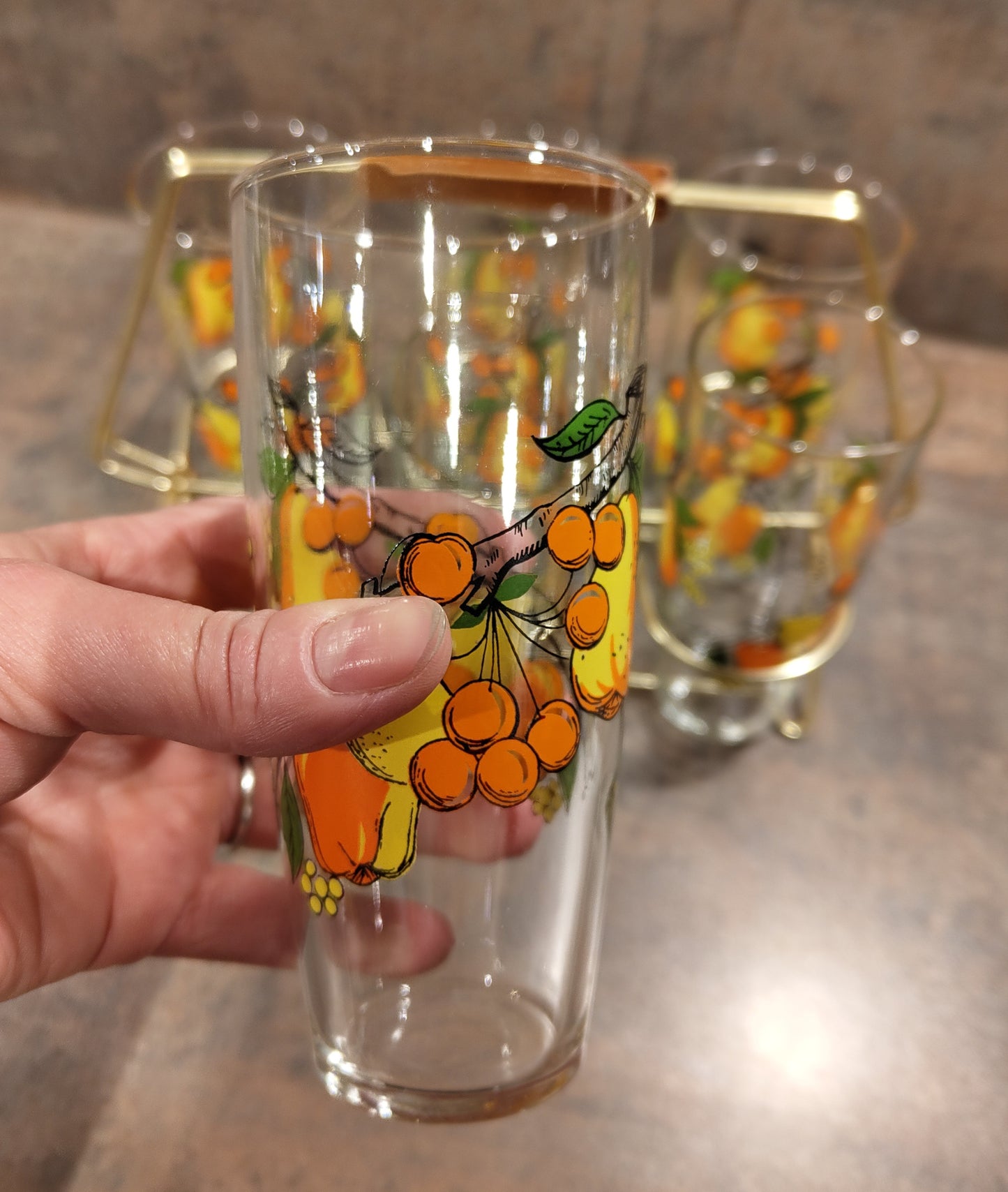 6 Vintage Trinkgläser mit Obst-Dekor – 1960er-Design im Metallgestell VINTAGE