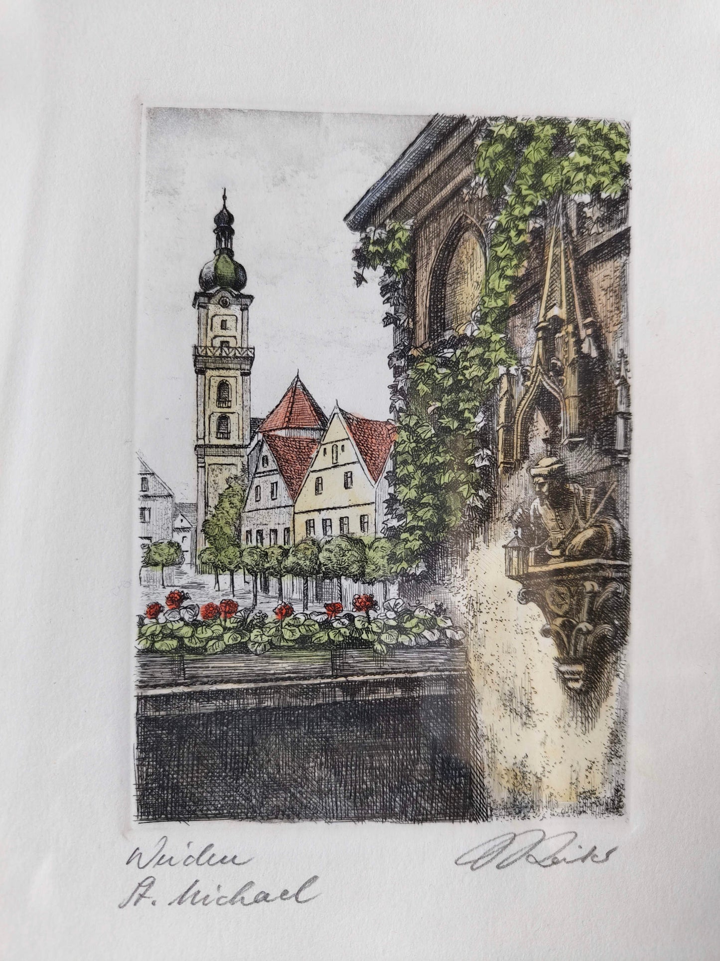 2 signierte Radierungen – St. Michael und Rathaus Weiden – Künstlergrafik, wohl 20. Jahrhun