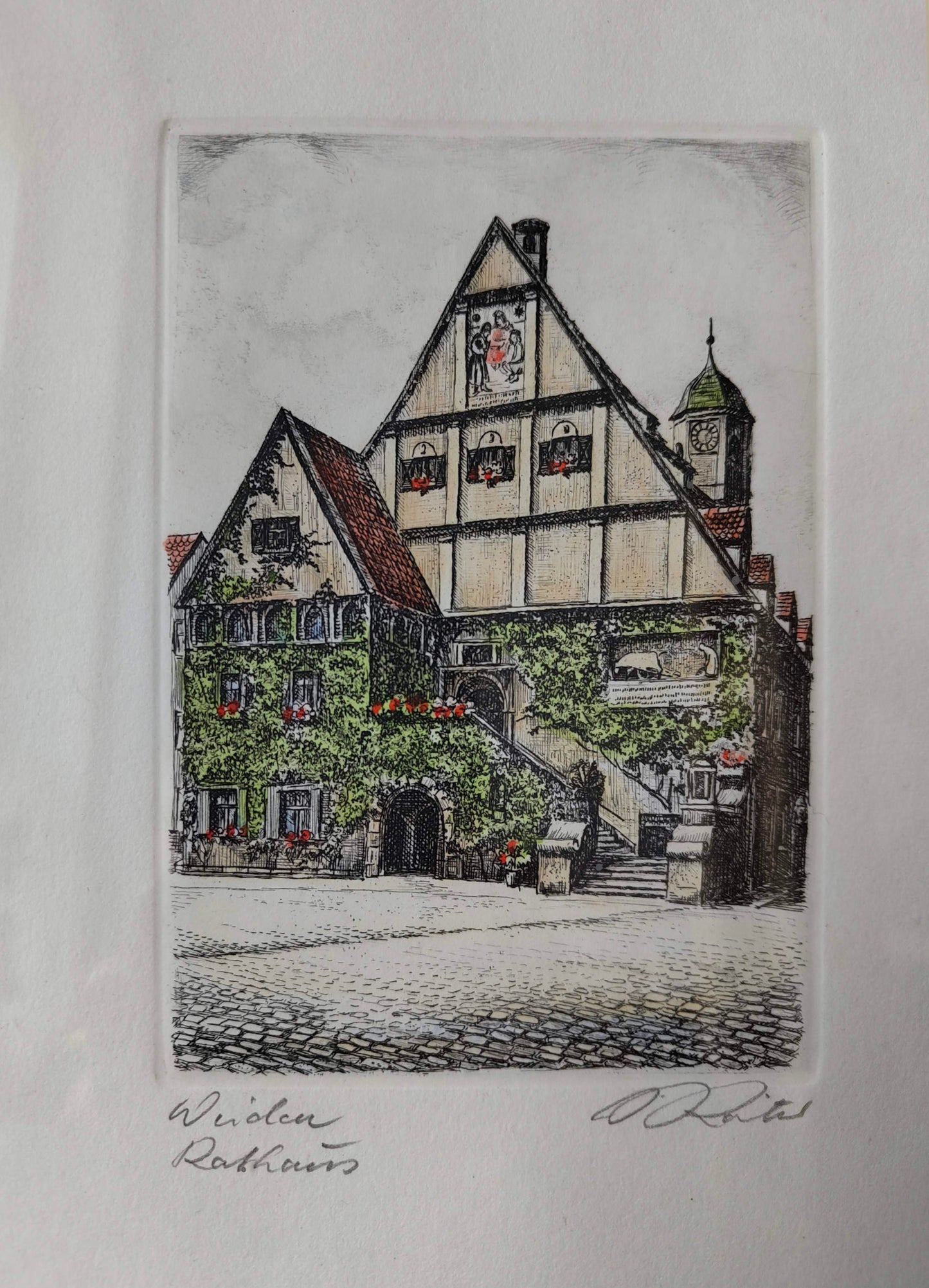 2 signierte Radierungen – St. Michael und Rathaus Weiden – Künstlergrafik, wohl 20. Jahrhun