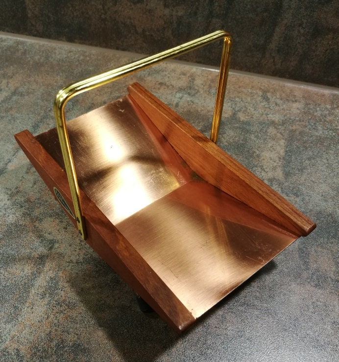 1950er eckige Schale aus Messing mit Teakholz Griff Nr.3
