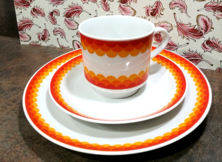 Sammeltasse Kaffeegedeck Porzellan orange 1970er "Mitterteich" gestempelt.