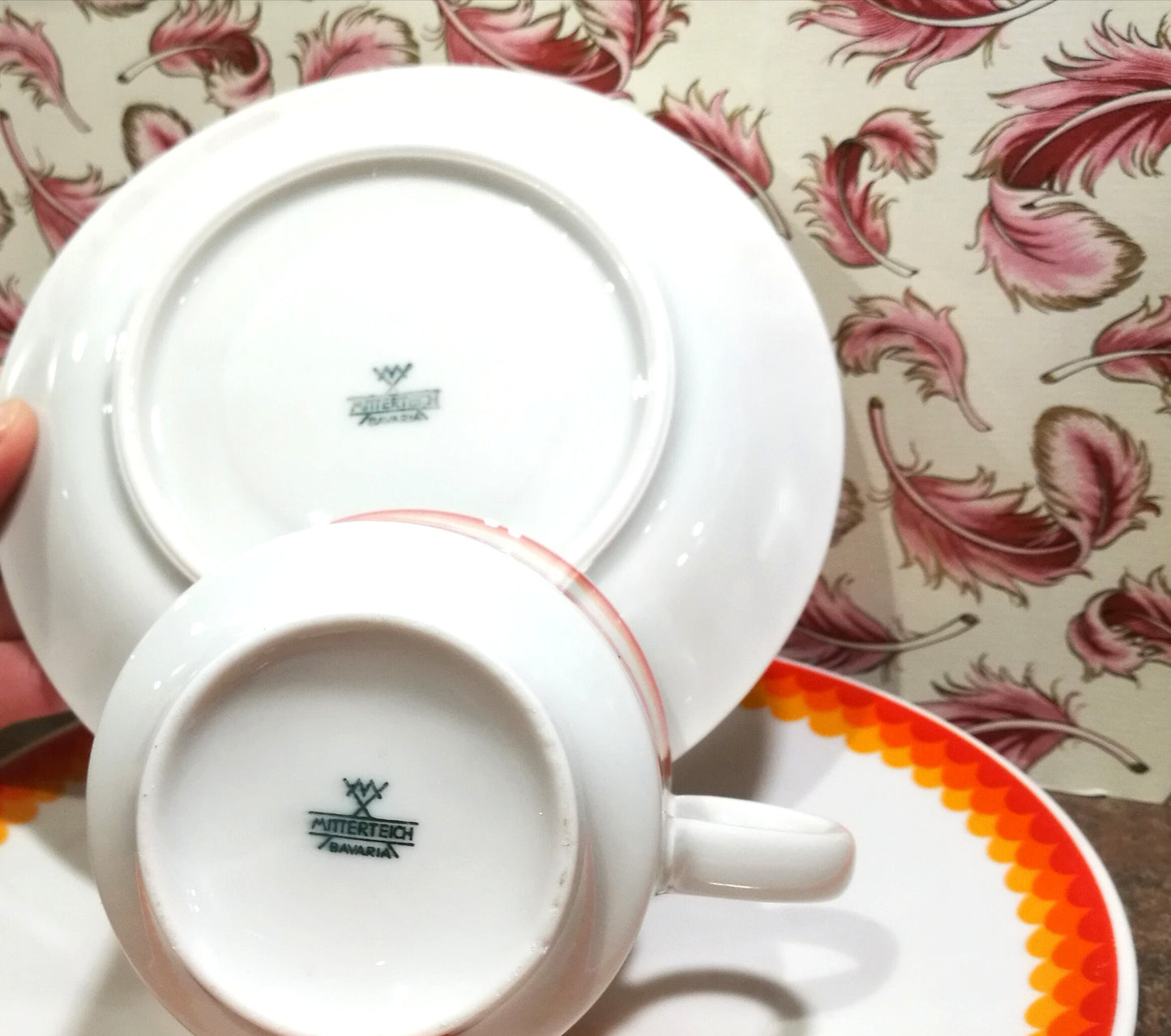 Sammeltasse Kaffeegedeck Porzellan orange 1970er "Mitterteich" gestempelt.