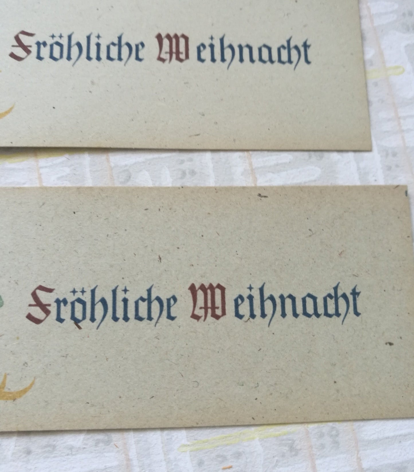 6 Anhänger für Geschenke "Fröhliche Weihnacht" Weihnachtsmann auf Ski mit Rucksack voll Geschenke Vintage