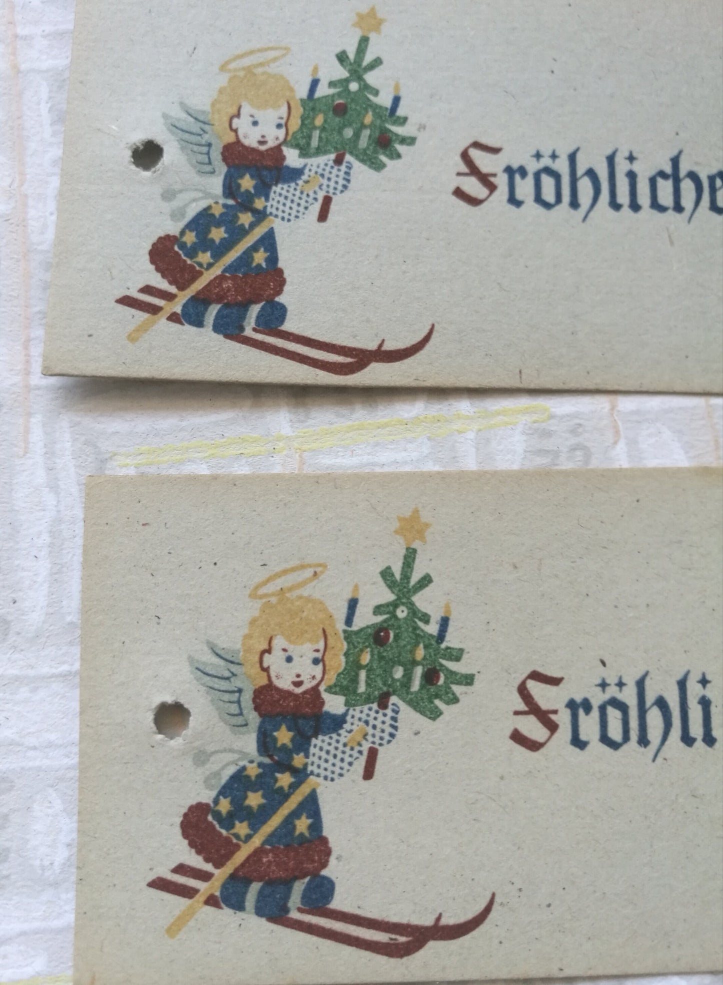 5 Anhänger für Geschenke "Fröhliche Weihnacht" Engel auf Ski mit Weihnachtsbaum Vintage