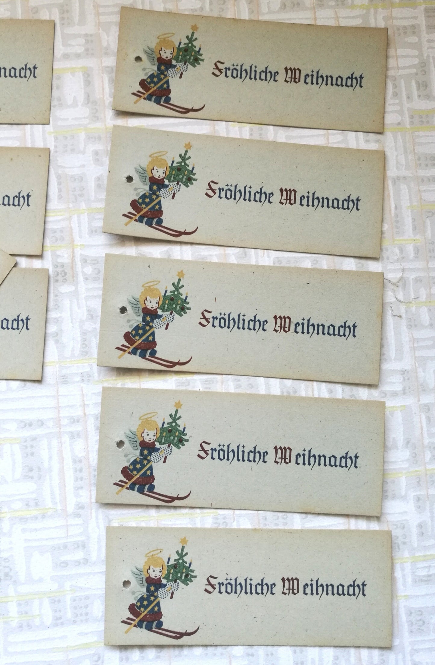 5 Anhänger für Geschenke "Fröhliche Weihnacht" Engel auf Ski mit Weihnachtsbaum Vintage