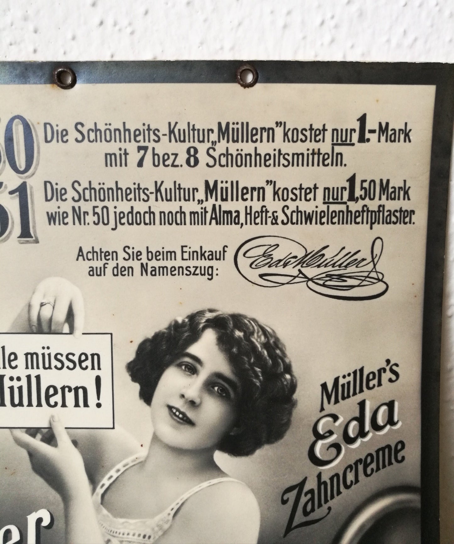 Werbung Pappe um 1920 Eda Zahncreme Schönheitskur VINTAGE Alle müssen Müllern!
