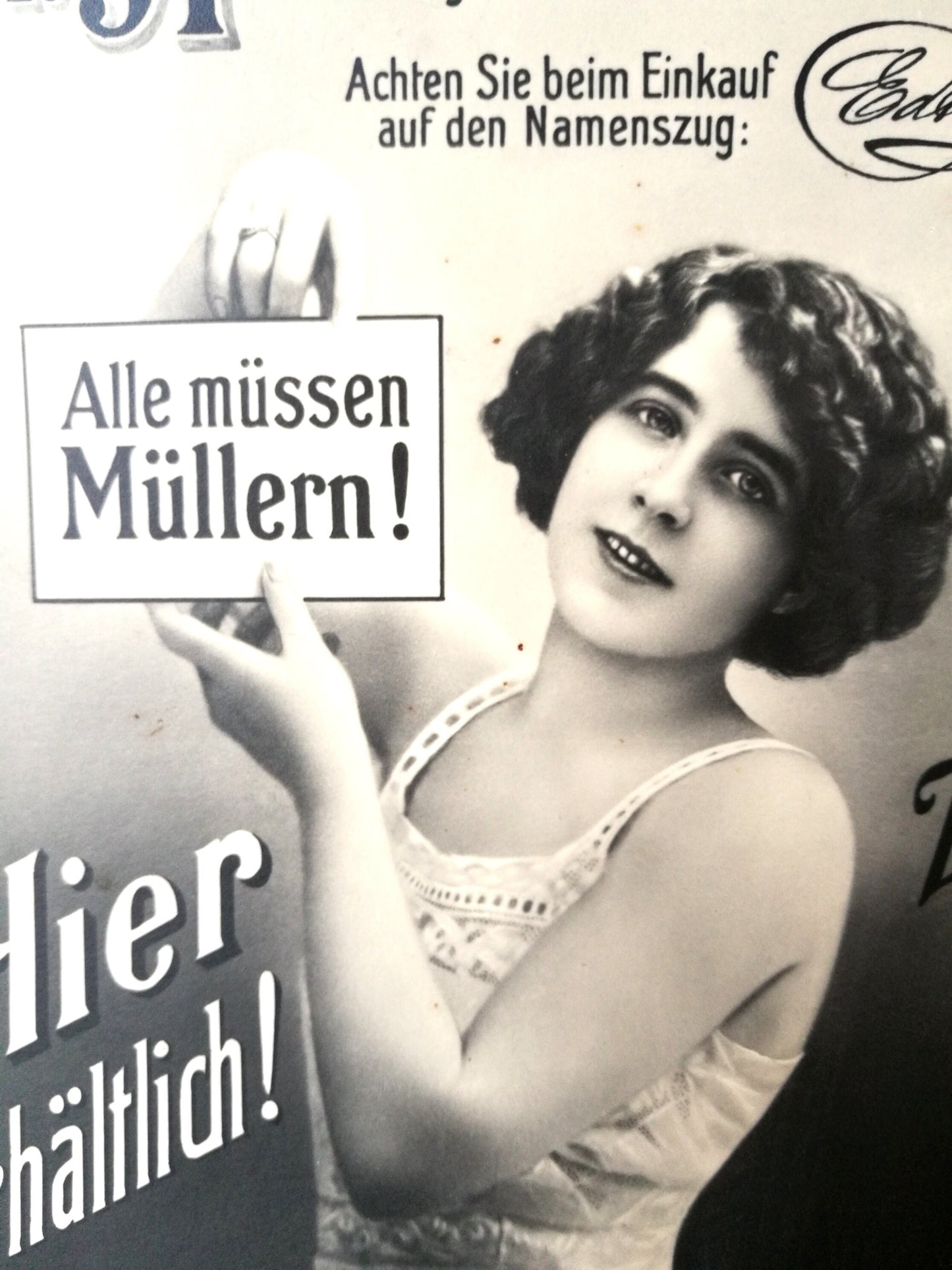 Werbung Pappe um 1920 Eda Zahncreme Schönheitskur VINTAGE Alle müssen Müllern!