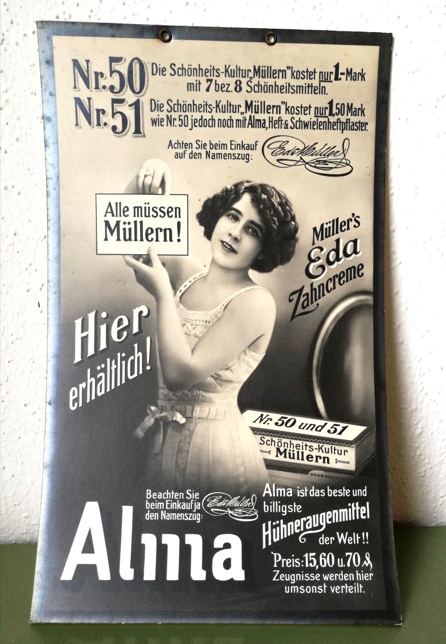 Werbung Pappe um 1920 Eda Zahncreme Schönheitskur VINTAGE Alle müssen Müllern!