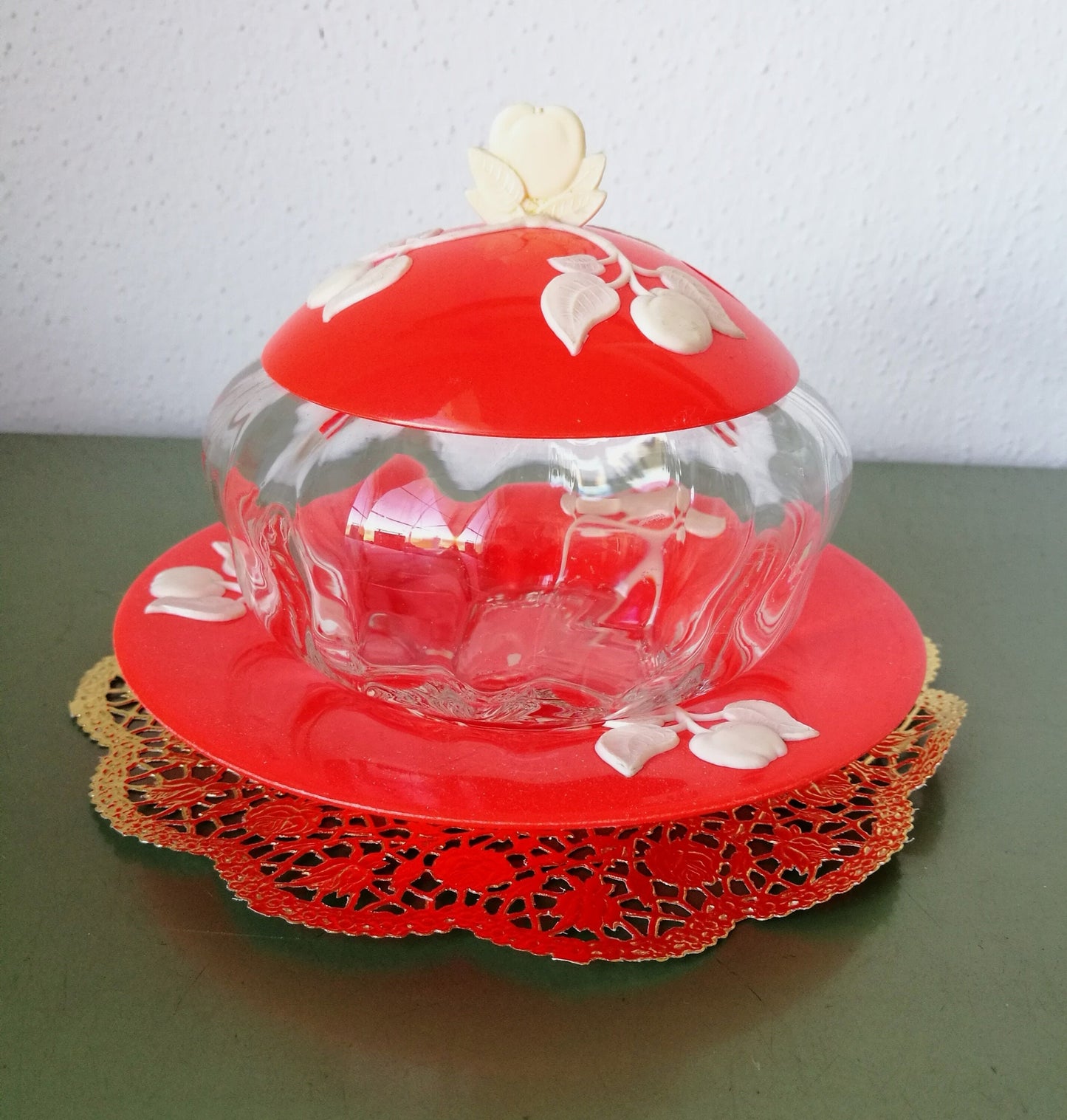 orange Behälter aus Glas mit Kunststoff für Marmelade VINTAGE 1970er