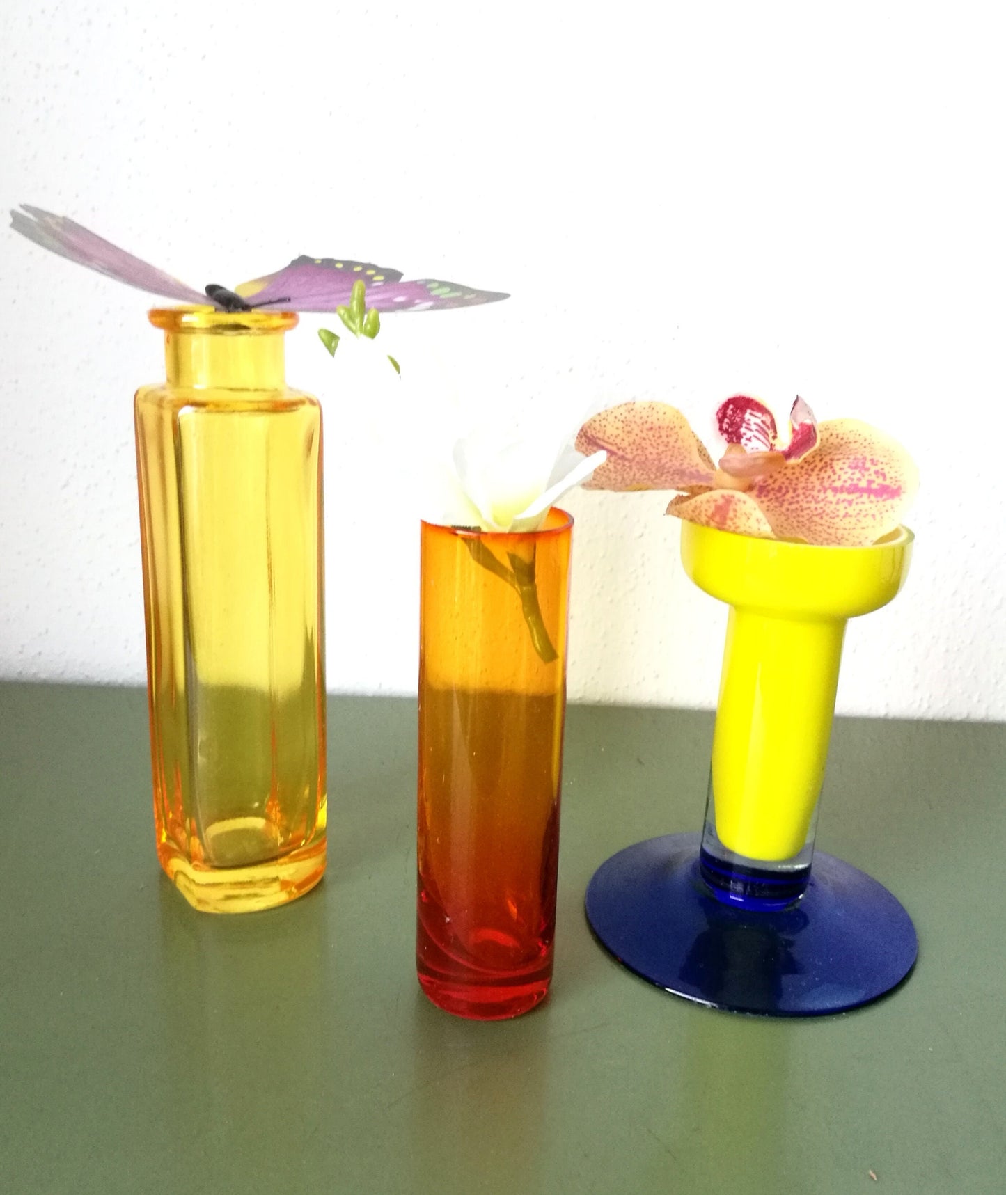 3 bunte Vasen Glas VINTAGE SONDERPREIS orange gelb blau