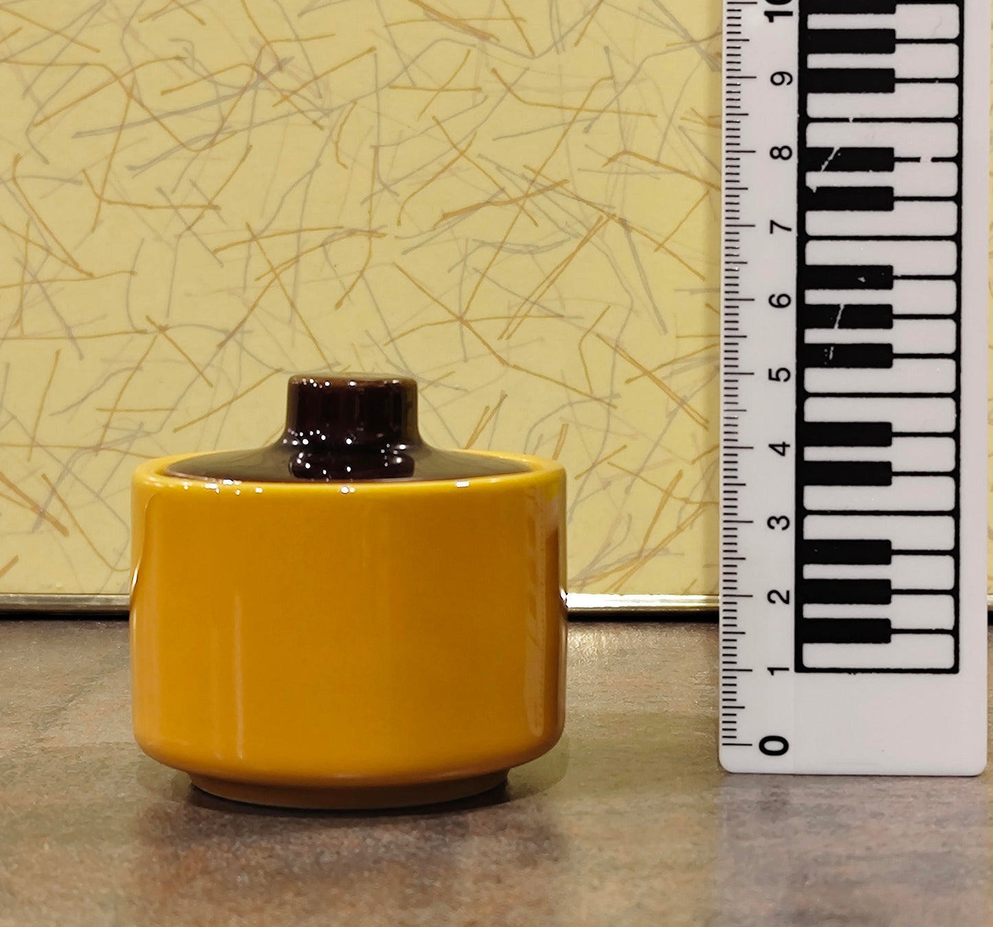 Melitta Puppengeschirr gelb braun 1970er 18 Teile mit Kanne und Filter für 4 Personen