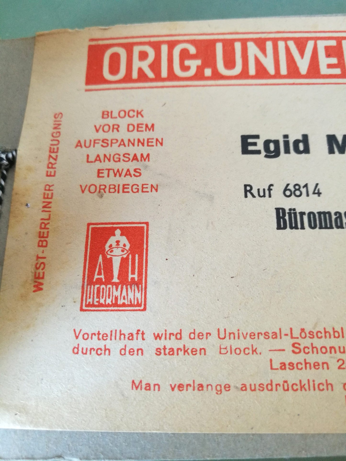 Original Universal Löschblock für Löschwiege von Egid Müller, Würzburg VINTAGE