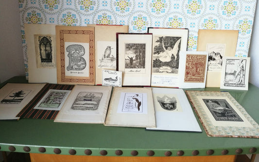15 Stück Ex Libris aus alten Büchern VINTAGE 1920 - 1942 , Konvolut Nr. 1