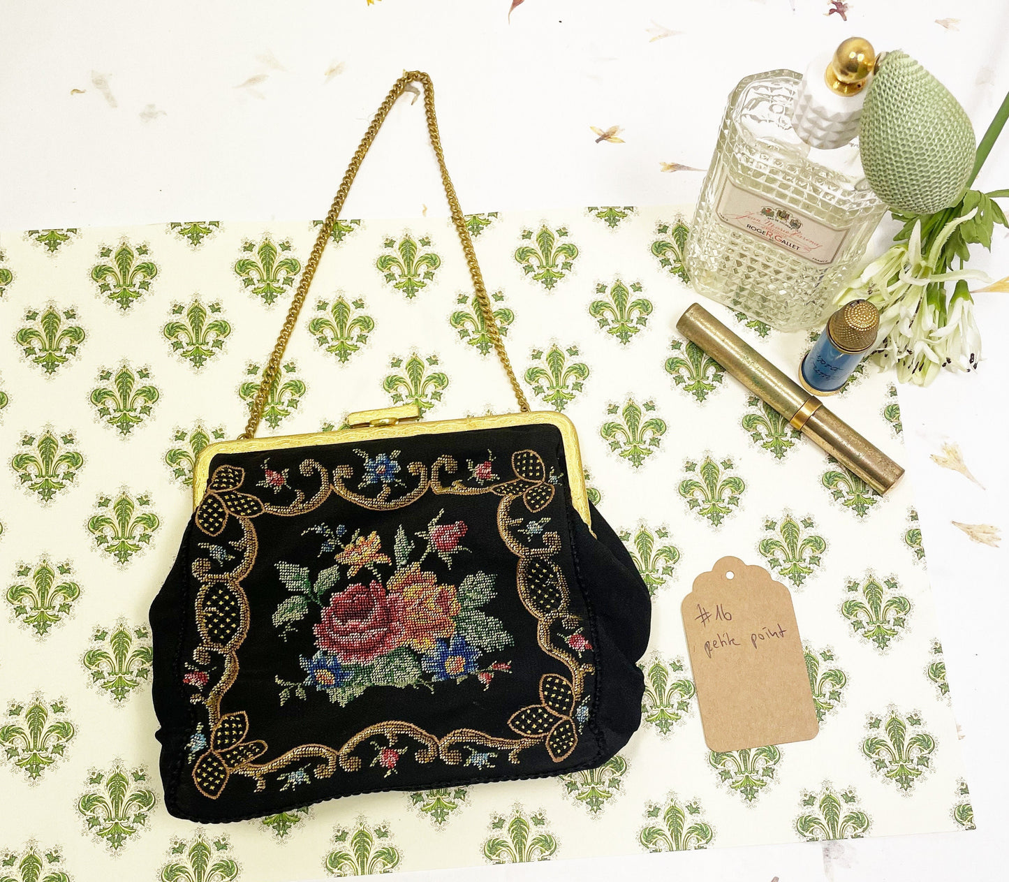 Gobelin bestickte Tasche mit goldfarbenem Bügel, Kippverschluß und Spiegel VINTAGE #16