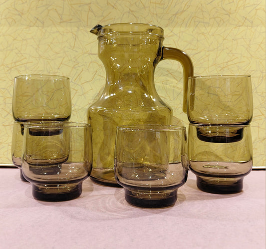 Glas Karaffe mit 5 Gläsern in rauchgrau wohl Luminarc Smokey Grey VINTAGE