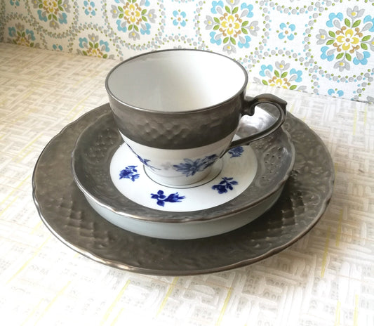 Sammeltasse Kaffeegedeck Porzellan blau silber Schumann 1950er Vintage