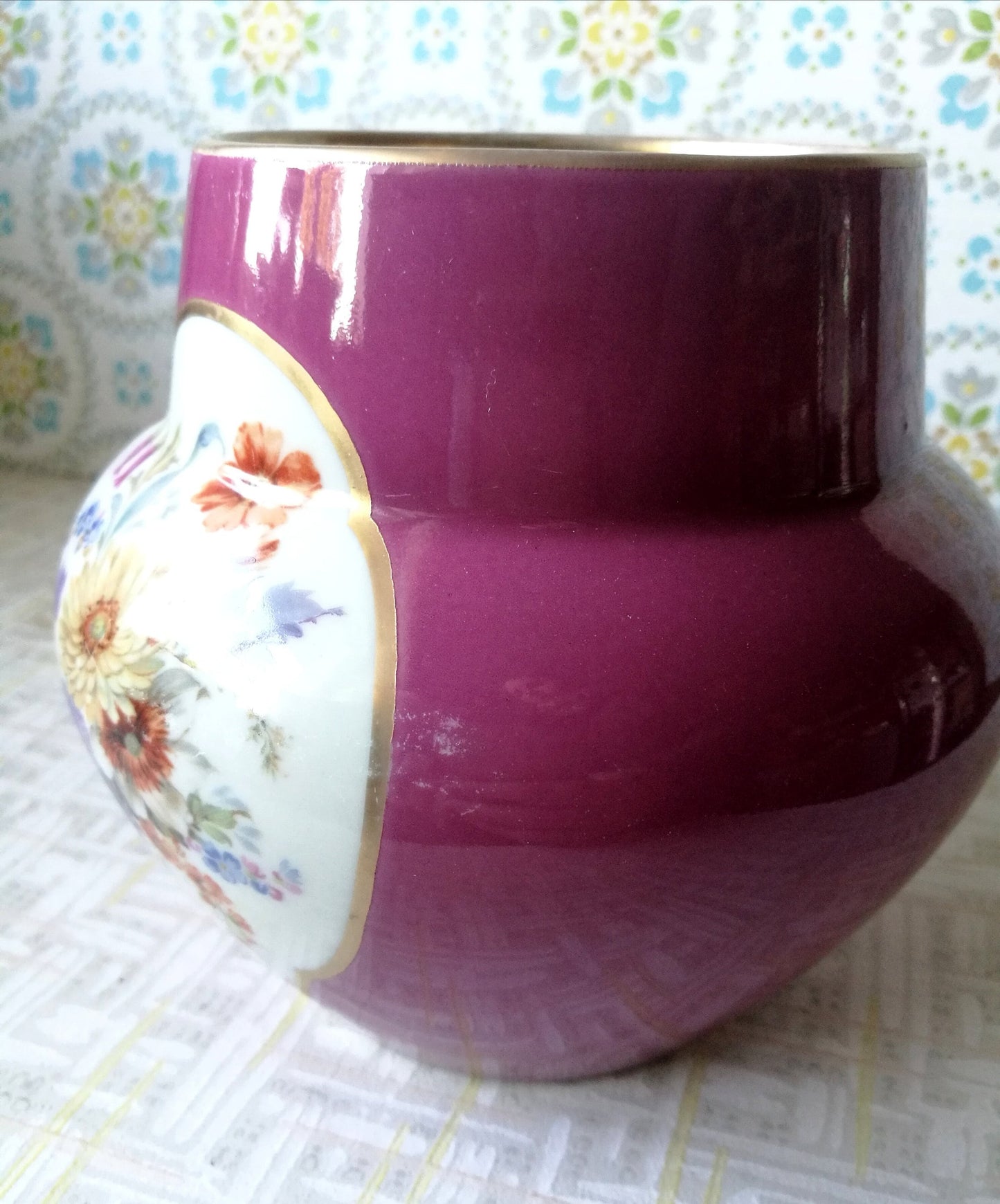 bauchige Vase Porzellan altrosa von Thomas mit Goldrand Vintage