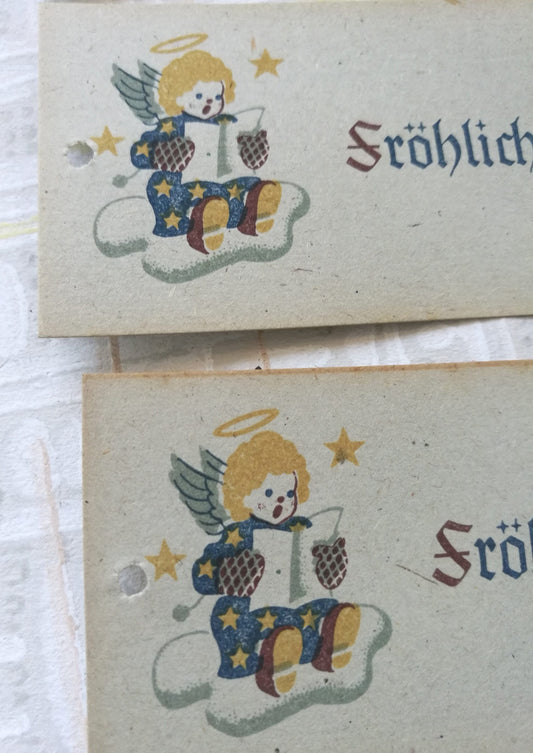 5 Anhänger für Geschenke "Fröhliche Weihnacht" singender Engel auf Wolke Vintage