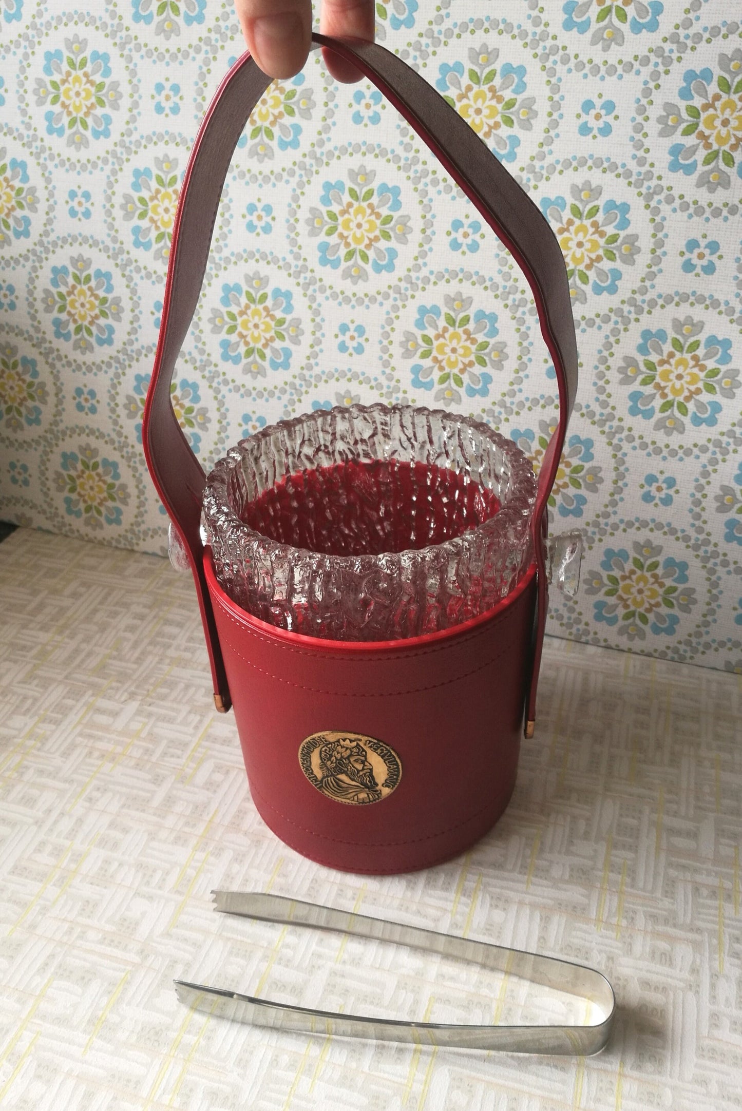 Eiswürfelbehälter Glas roter Kunststoff mit Zange 1970er Vintage