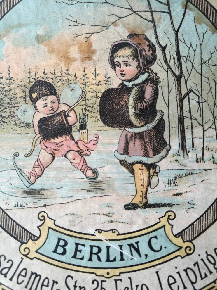 Runde Pappschachtel L. Michelet Pelzwaren Werbung Berlin um 1900 VINTAGE