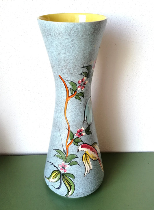 Keramik Bodenvase Vögel Blumen türkis gelb Midcentury VINTAGE