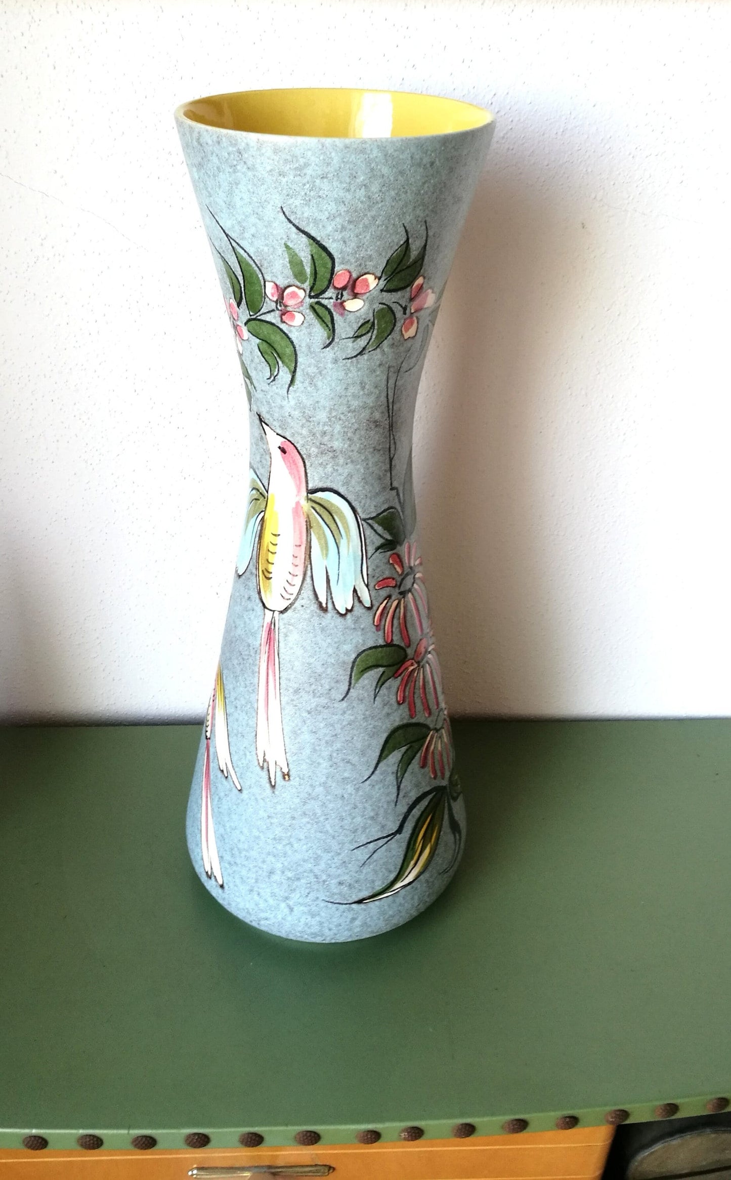 Keramik Bodenvase Vögel Blumen türkis gelb Midcentury VINTAGE