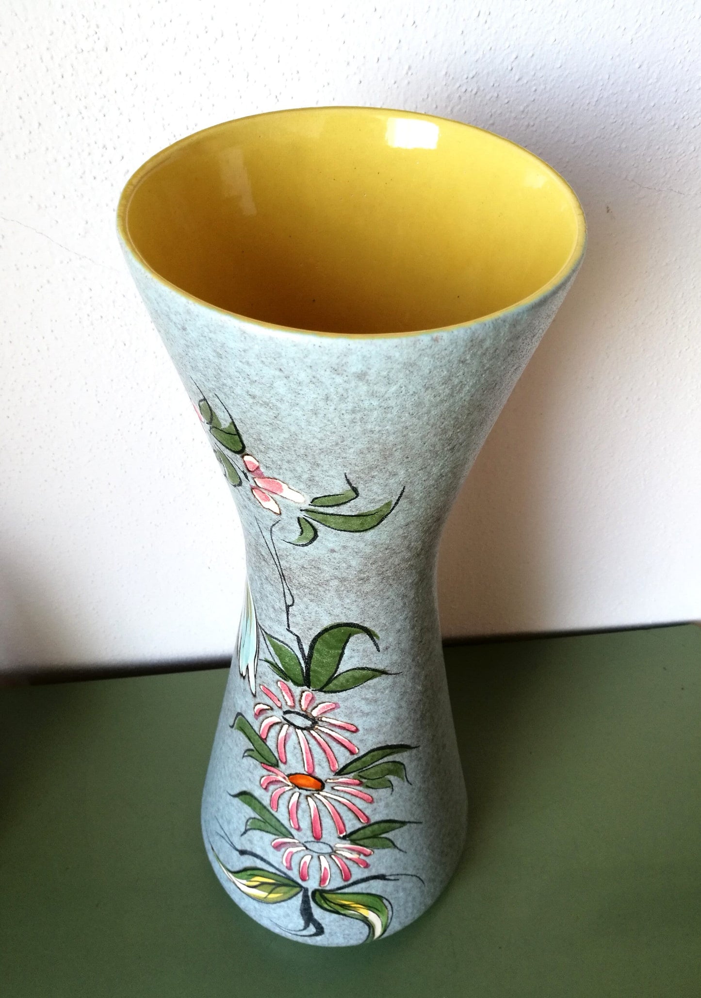 Keramik Bodenvase Vögel Blumen türkis gelb Midcentury VINTAGE