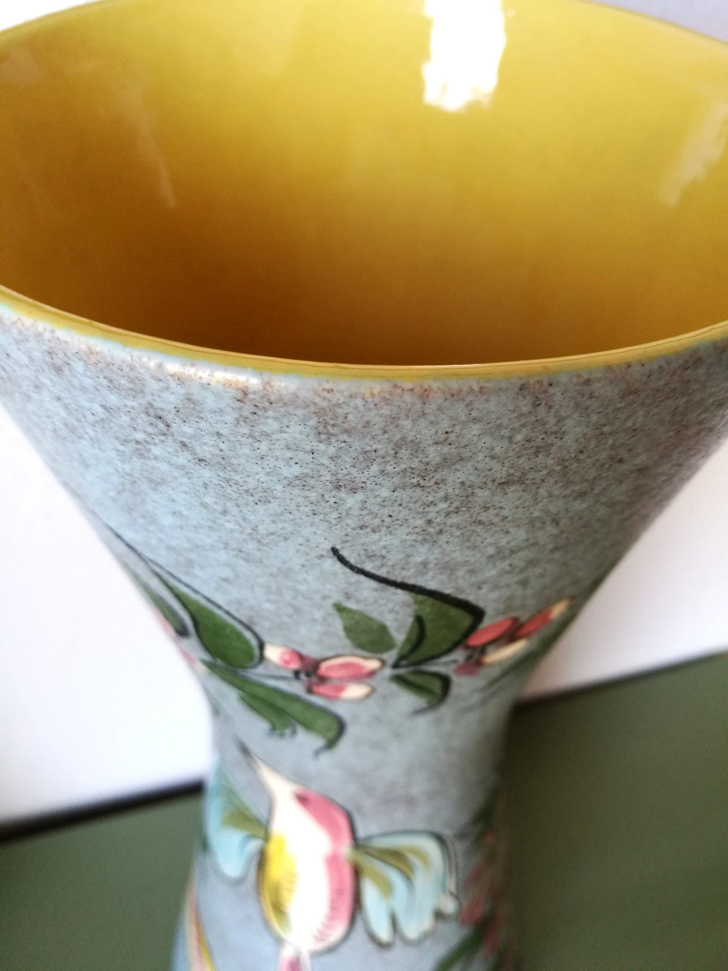 Keramik Bodenvase Vögel Blumen türkis gelb Midcentury VINTAGE