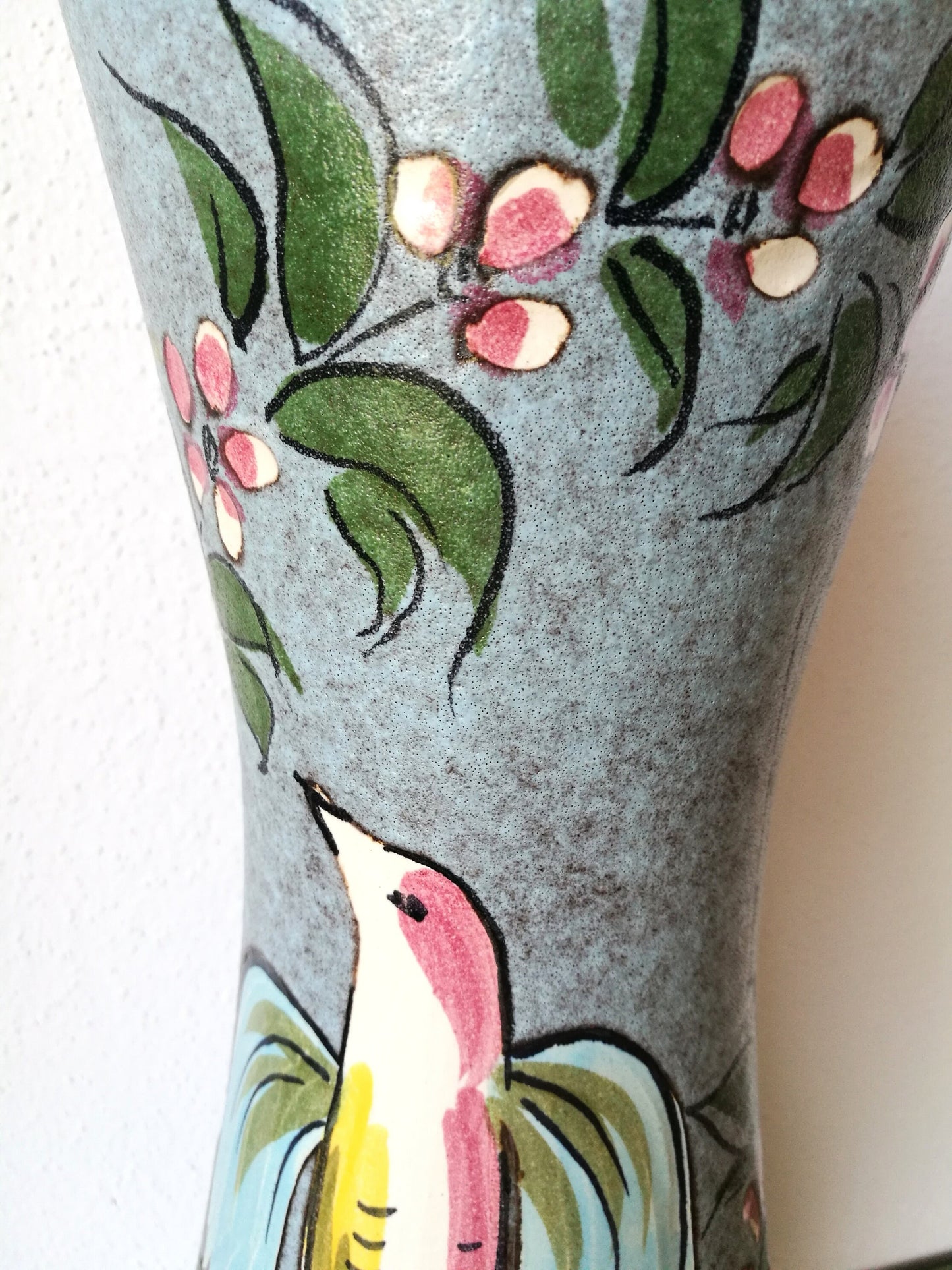 Keramik Bodenvase Vögel Blumen türkis gelb Midcentury VINTAGE