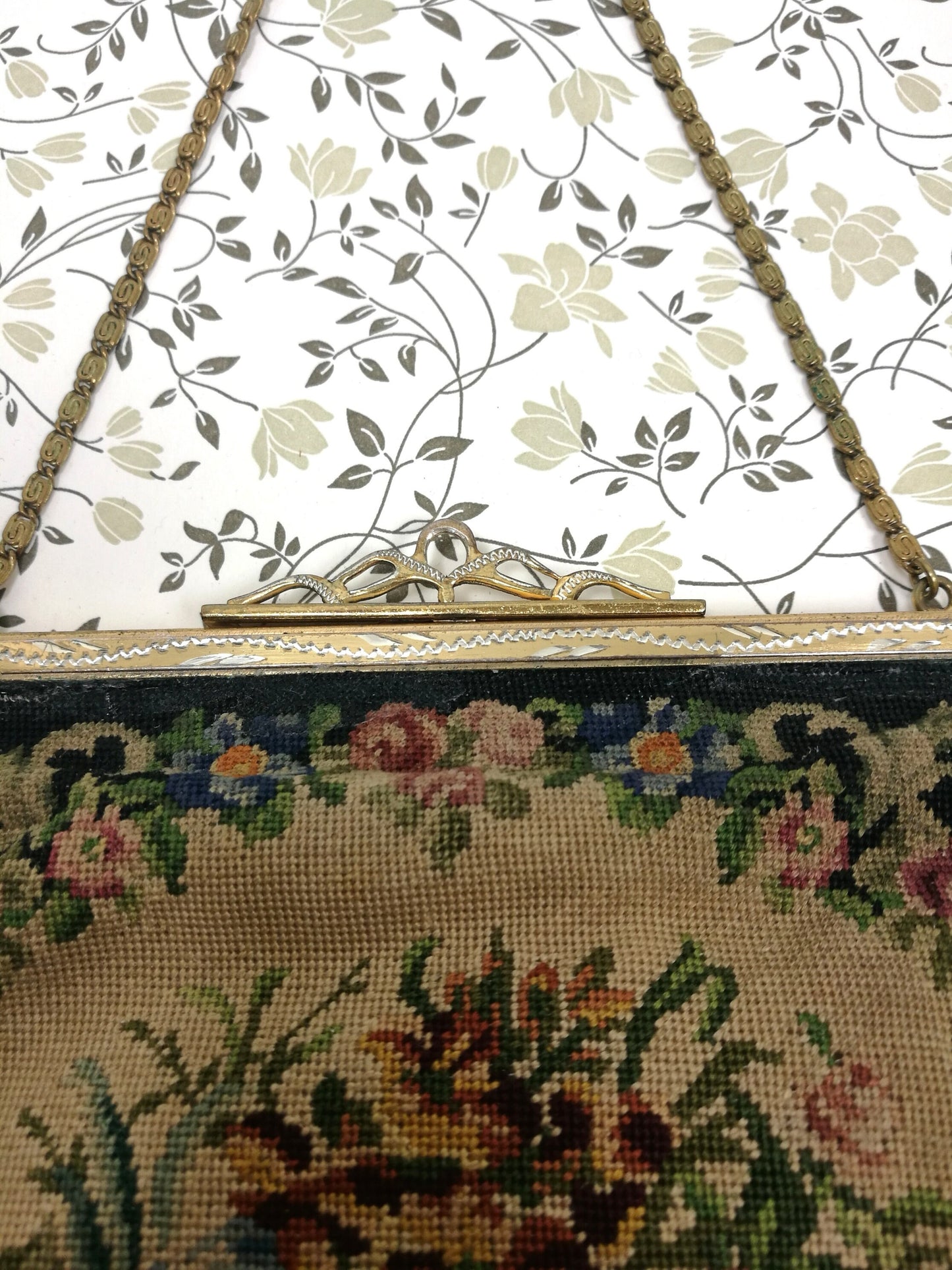 Petit point Stickerei auf Tasche Blumen VINTAGE #26