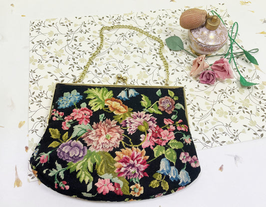 Petit point üppige Blumen Gobelin Stickerei auf schwarz Tasche VINTAGE #9