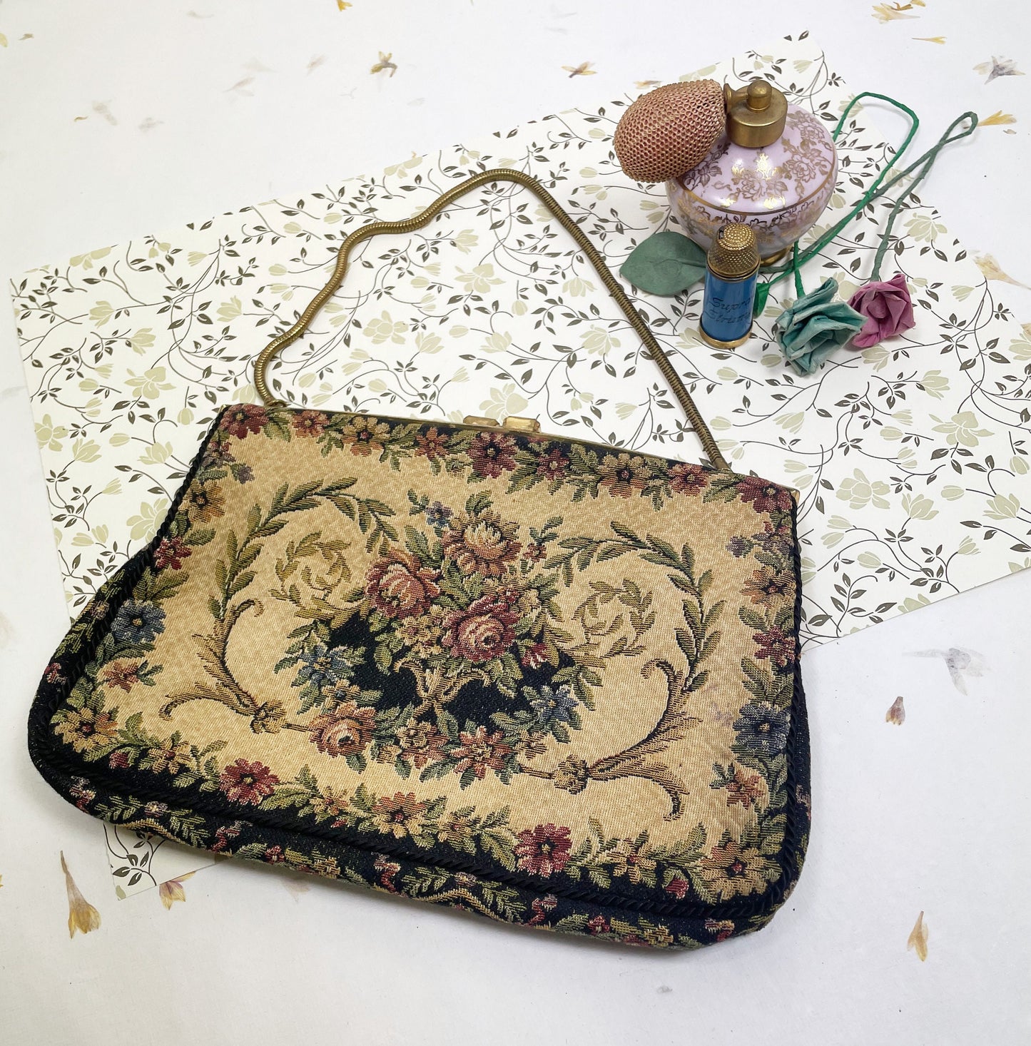 Gewebter Stoff Feine Blumen auf hellem Stoff Tasche VINTAGE #10