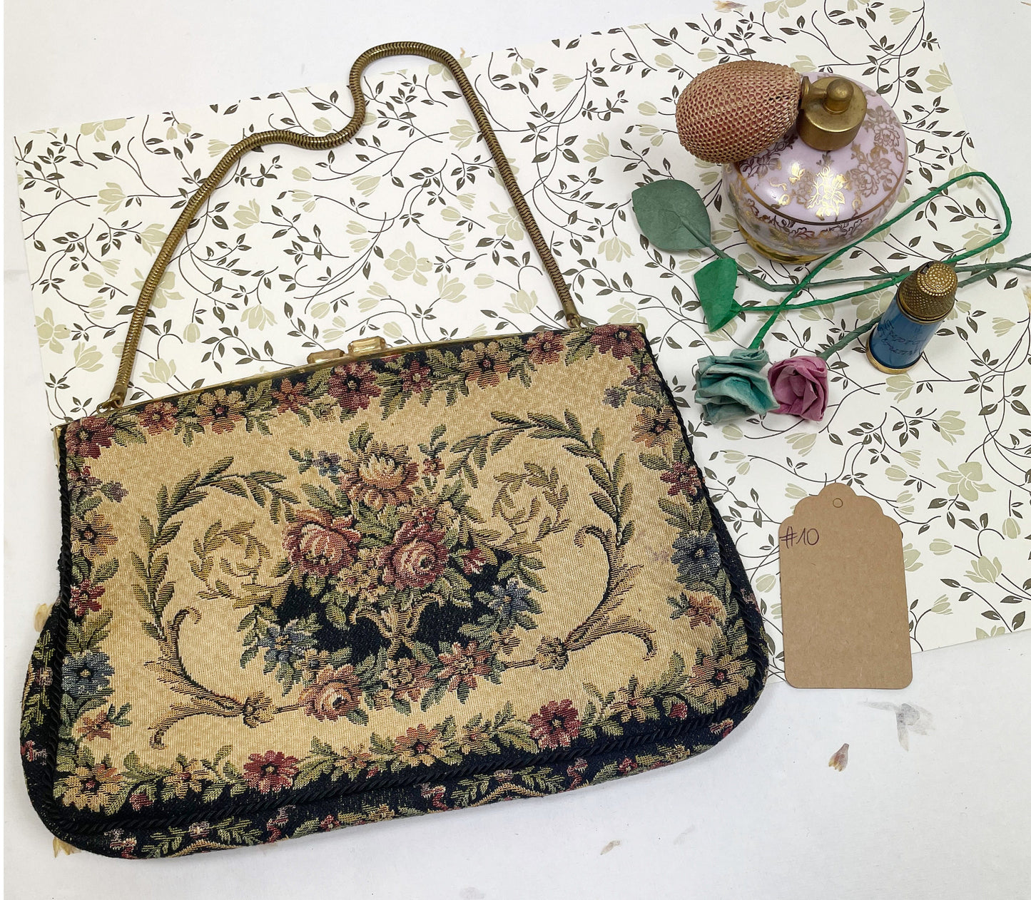 Gewebter Stoff Feine Blumen auf hellem Stoff Tasche VINTAGE #10