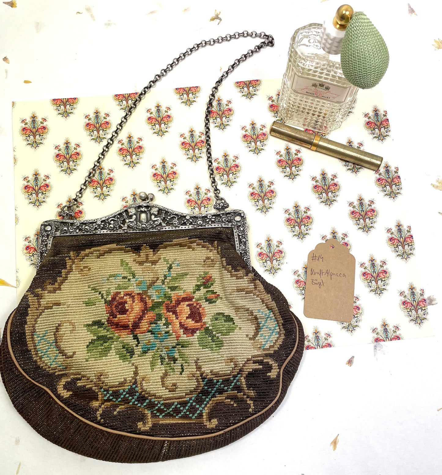 Bestickter Stoff mit Rosen und Kraft Alpacca Bügel Tasche VINTAGE #14