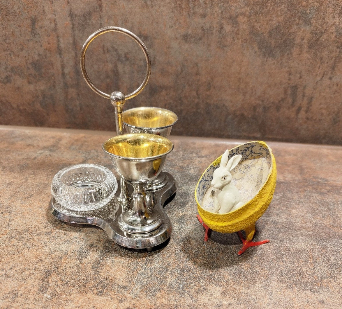 Eierbecherhalter #3 Eiertablett mit Gestell aus Metall und Glas für Salz VINTAGE