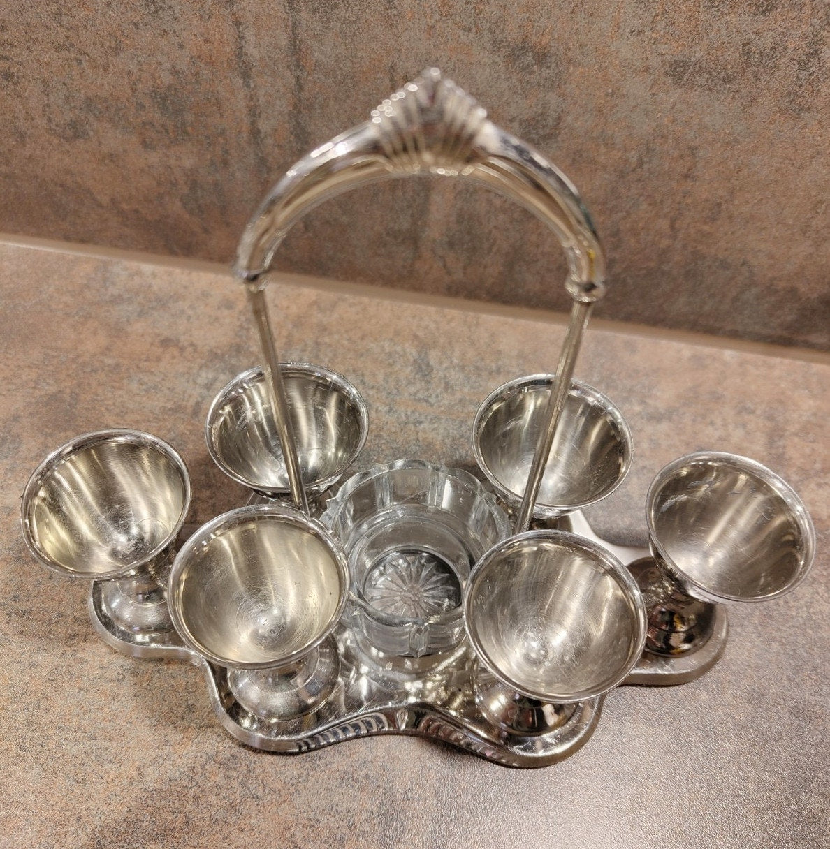 Eierbecherhalter #2 Eiertablett mit Gestell aus Metall und Glas für Salz VINTAGE