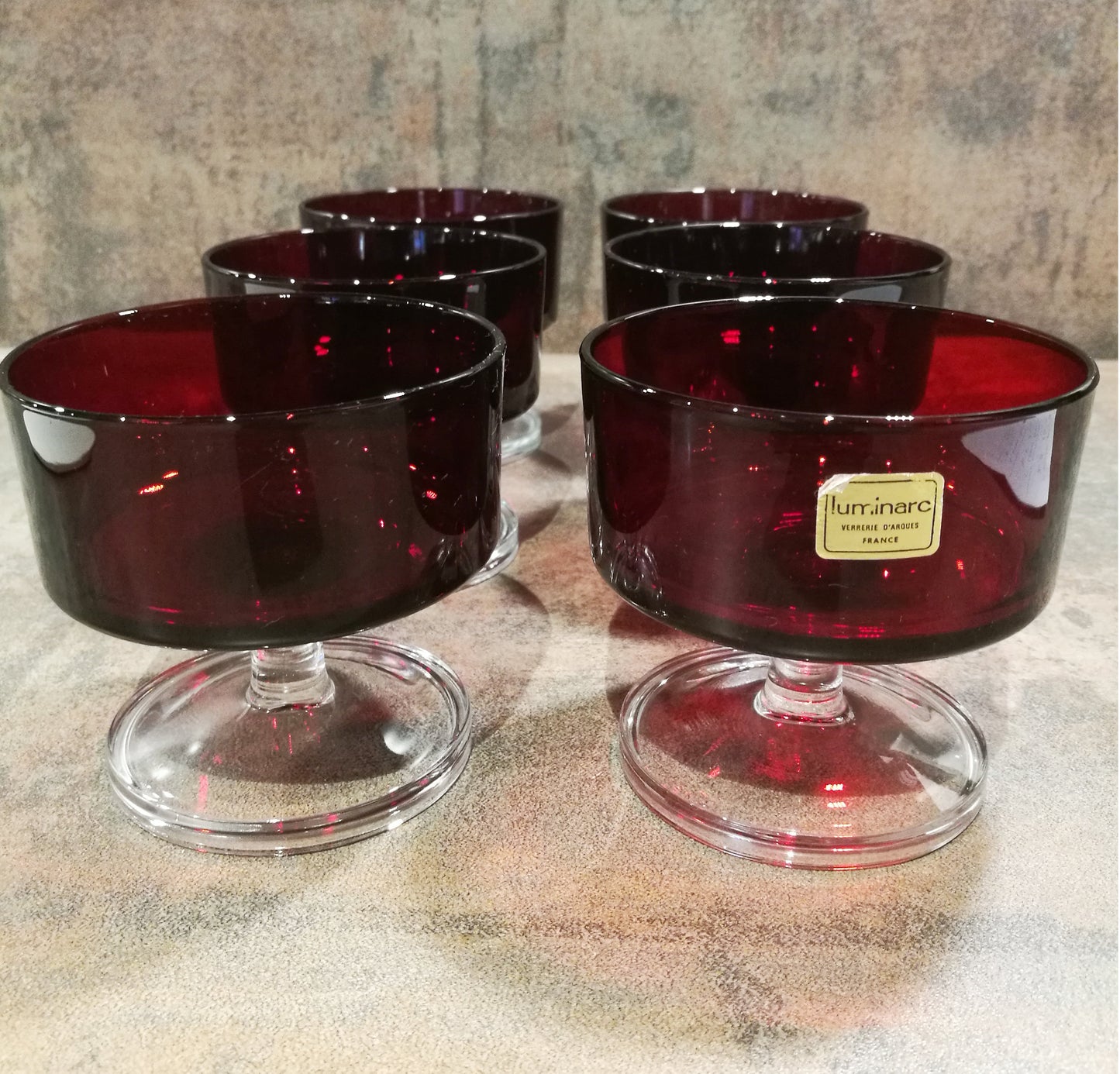 6 Luminarc rote Gläser für Dessert Schalen mit Fuß Vintage Retro 70er